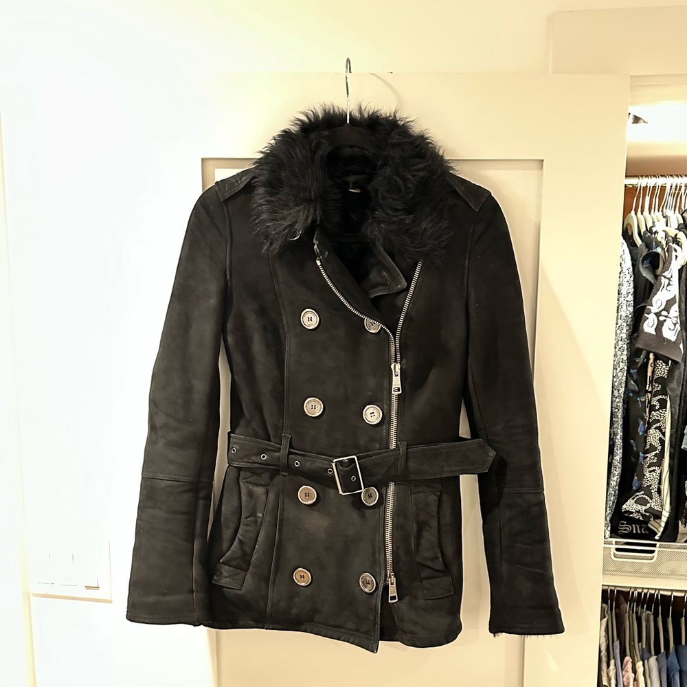 Burberry Brit black suede belted pea coat shearling lined - sz 2 - Exc Condition